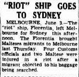 Nearly 100 years later, another Florentia causes problems with luggage. "RIOT" SHIP GOES TO Queensland Times (Ipswich), 4 June 1951 p. 1  http://nla.gov.au/nla.news-article124609224