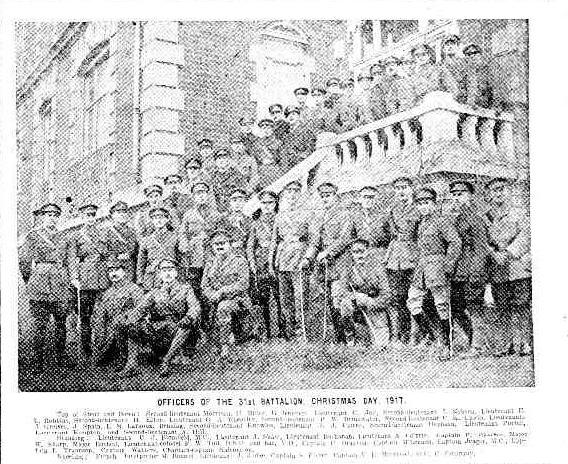 OFFICERS OF THE 31st BATTALION, CHRISTKIAS DAY, 1917. (1918, March 28). The Week (Brisbane, Qld. : 1876 - 1934), p. 13. http://nla.gov.au/nla.news-article188923487